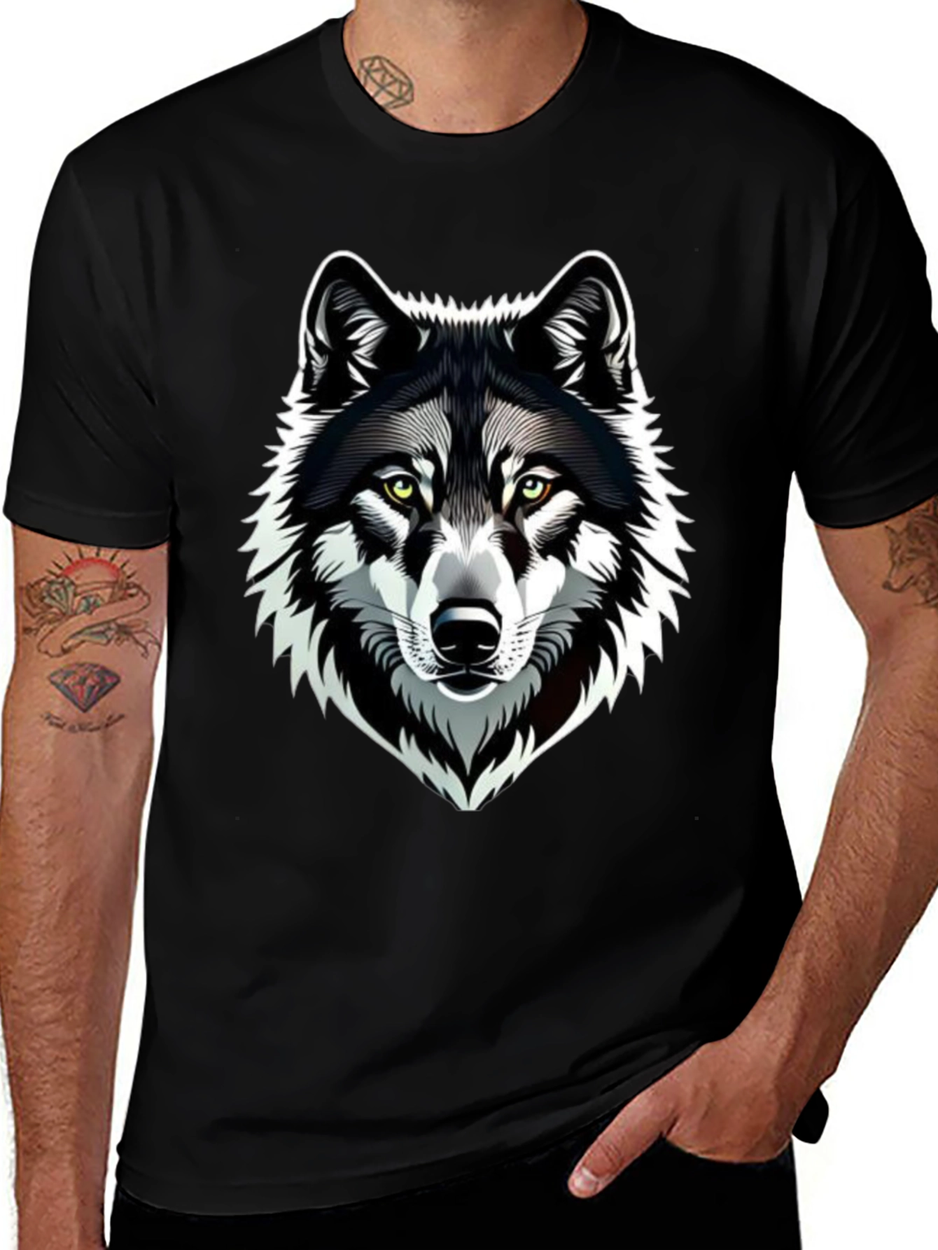 Camiseta Negra Hombre Diseño Lobo