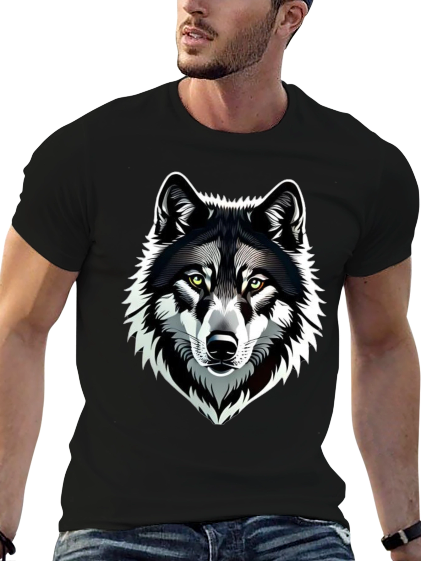 Camiseta Negra Hombre Diseño Lobo