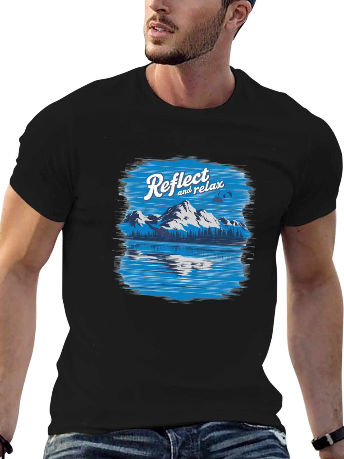 Camiseta Negra Relax con Diseño de Montaña y Lago