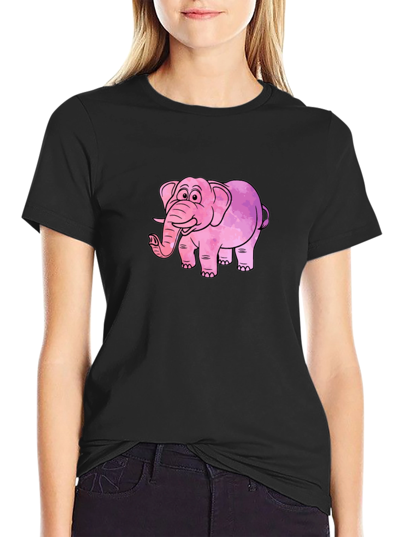 Camiseta Negra con Diseño de Elefante Rosa Acuarela
