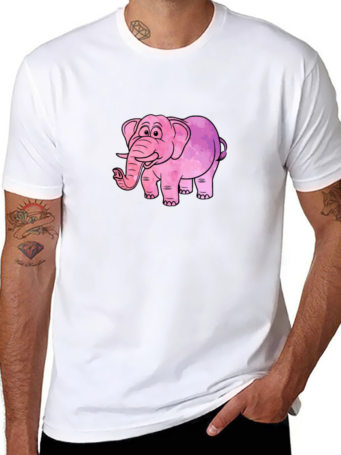 Camiseta Negra con Diseño de Elefante Rosa Acuarela
