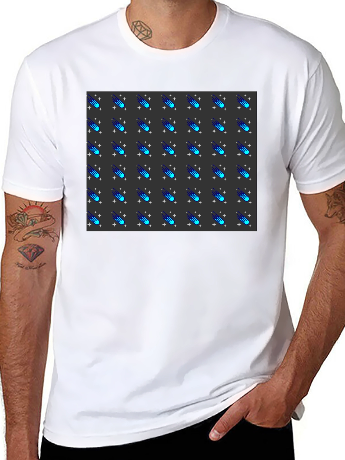 Camiseta Negra con Diseño de Meteoritos Estilizados