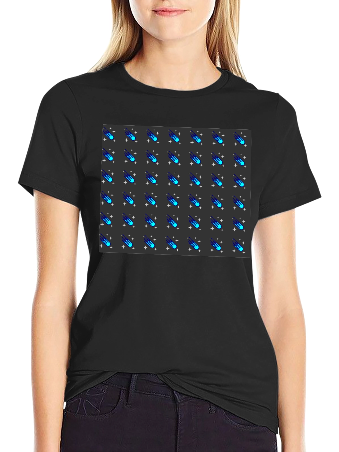 Camiseta Negra con Diseño de Meteoritos Estilizados