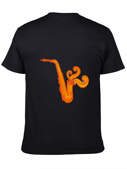 Camiseta Negra con Diseño de Saxofón Naranja