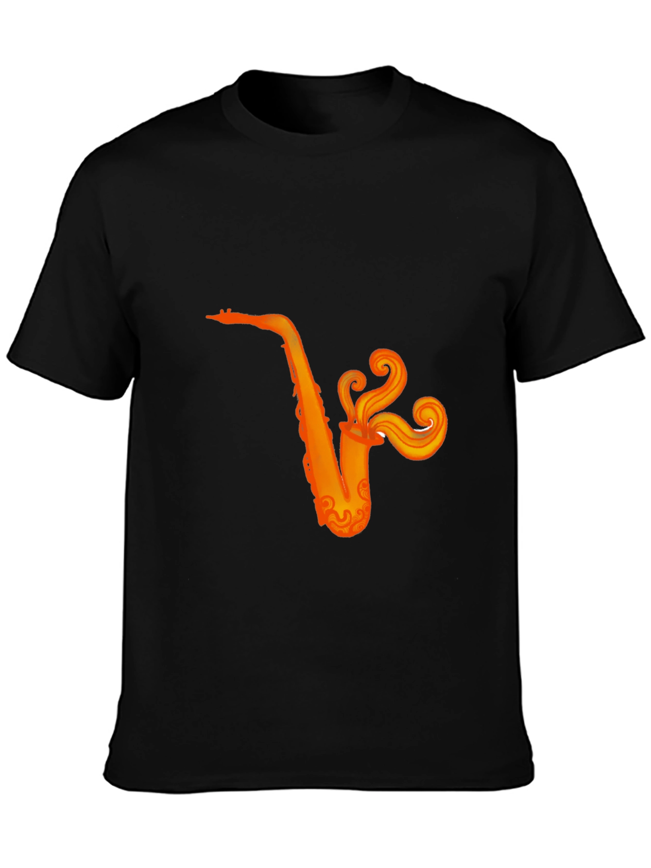 Camiseta Negra con Diseño de Saxofón Naranja