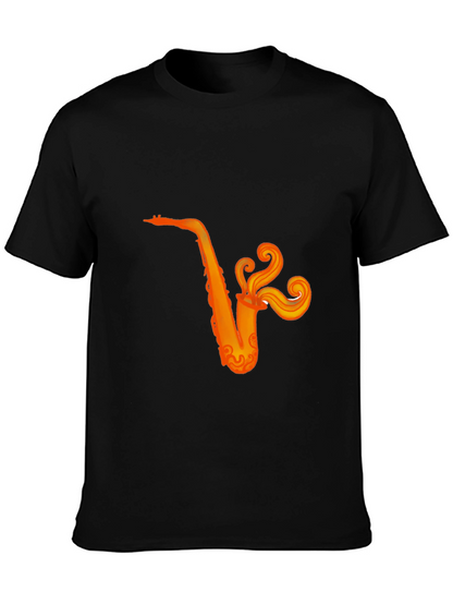 Camiseta Negra con Diseño de Saxofón Naranja