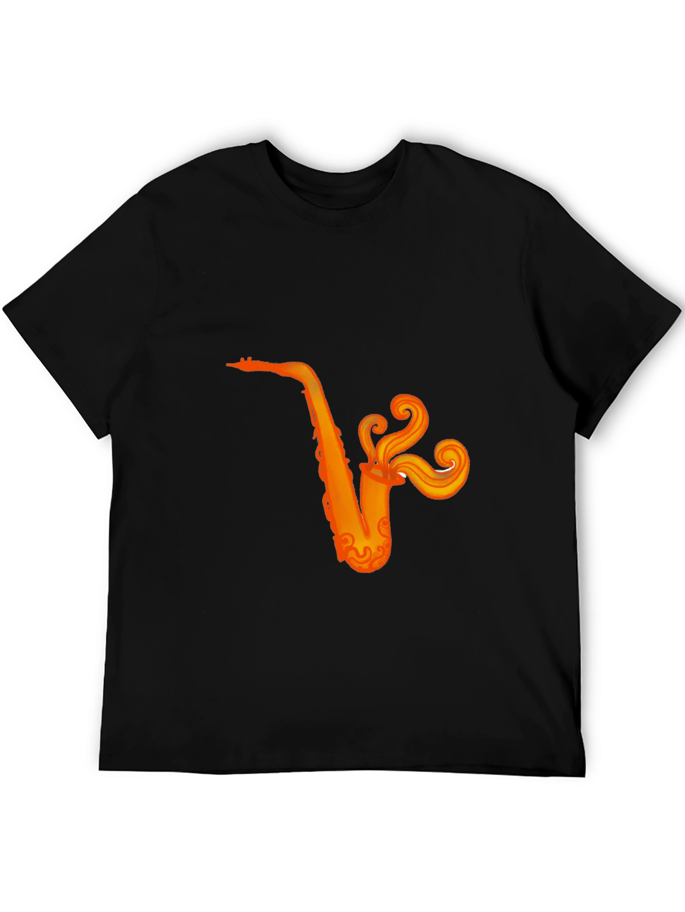 Camiseta Negra con Diseño de Saxofón Naranja