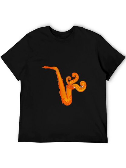 Camiseta Negra con Diseño de Saxofón Naranja