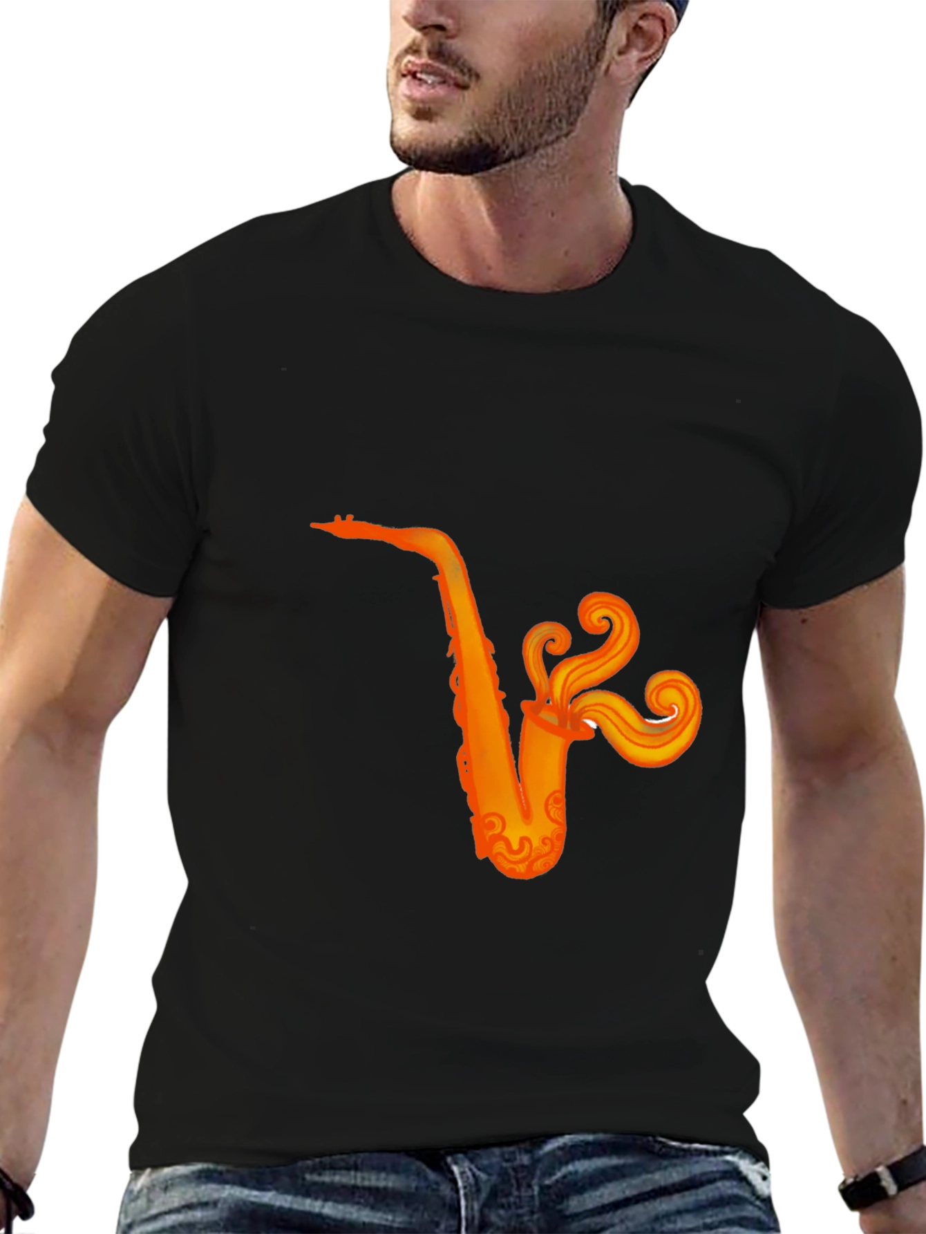 Camiseta Negra con Diseño de Saxofón Naranja