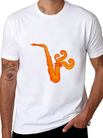 Camiseta Negra con Diseño de Saxofón Naranja