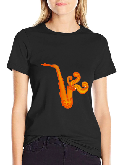 Camiseta Negra con Diseño de Saxofón Naranja