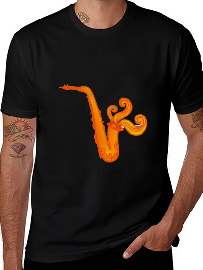 Camiseta Negra con Diseño de Saxofón Naranja