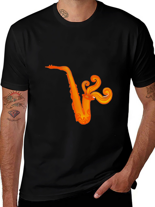 Camiseta Negra con Diseño de Saxofón Naranja