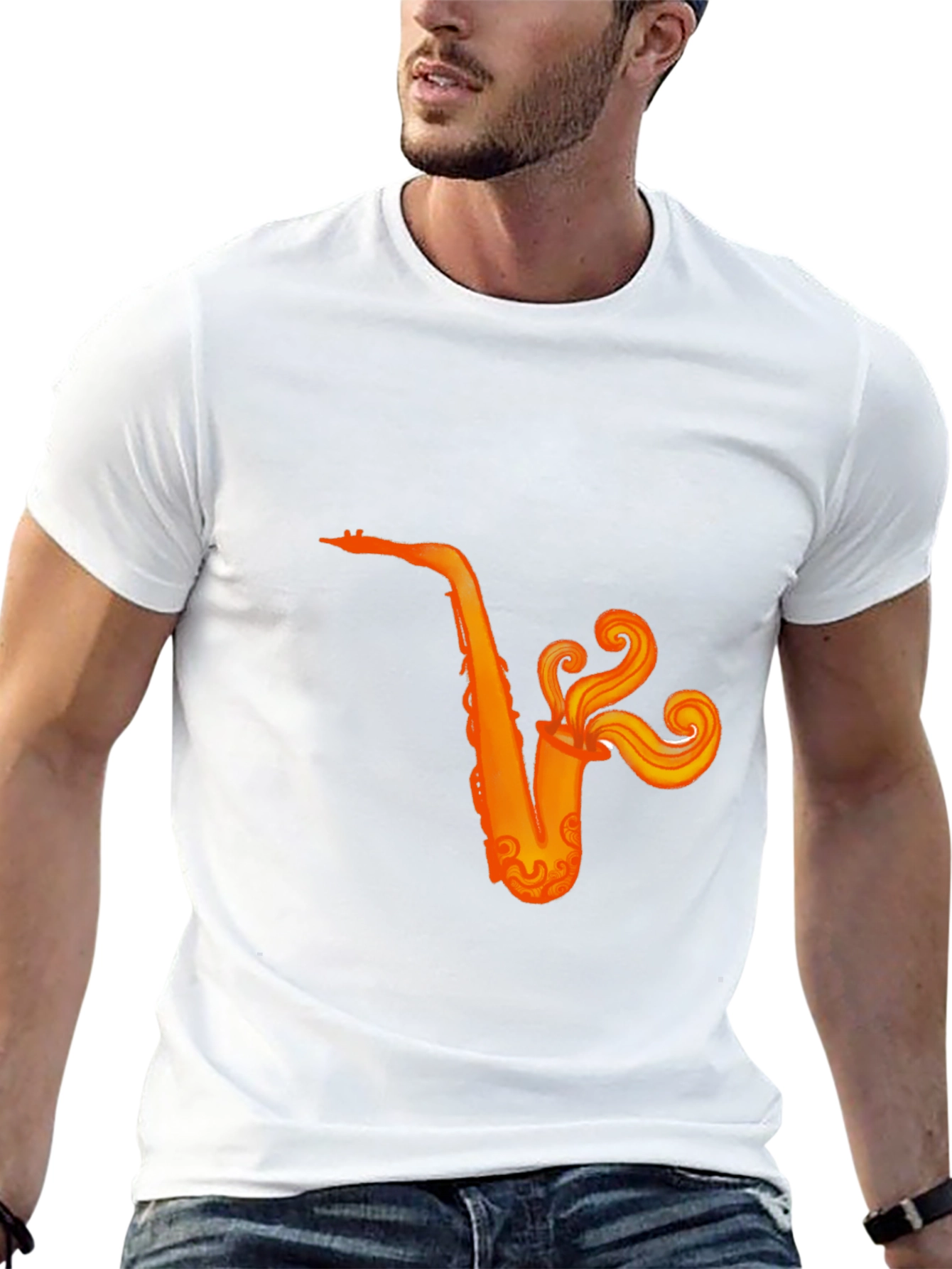 Camiseta Negra con Diseño de Saxofón Naranja