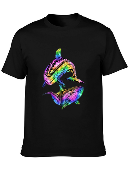 Camiseta Negra con Diseño de Ballenas Tribales de Arcoíris