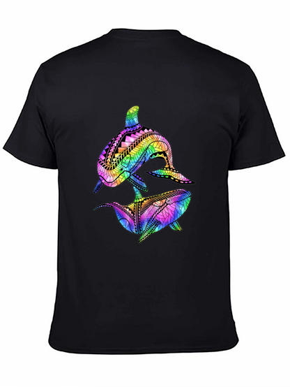 Camiseta Negra con Diseño de Ballenas Tribales de Arcoíris
