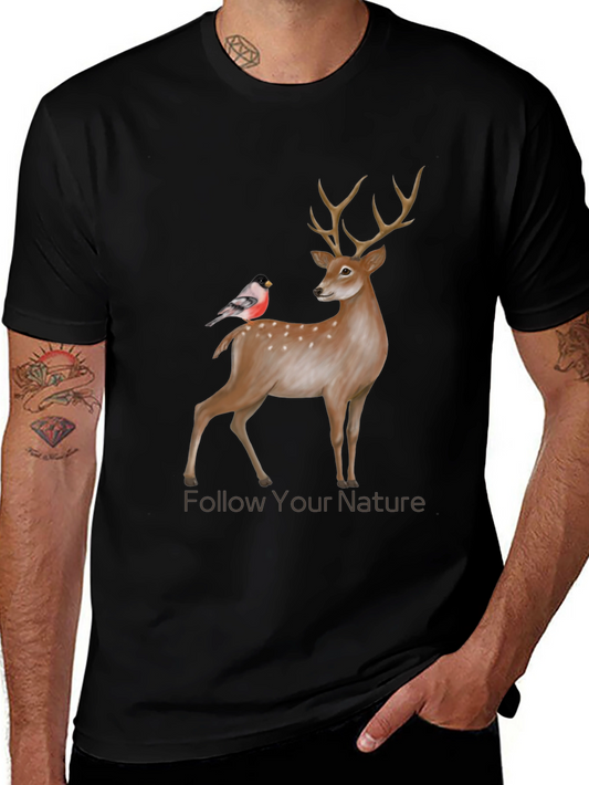 Camiseta Negra con Diseño de Ciervo y Ave