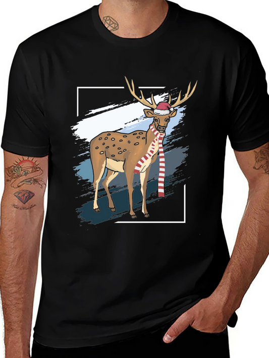Camiseta Negra con Diseño de Reno Navideño