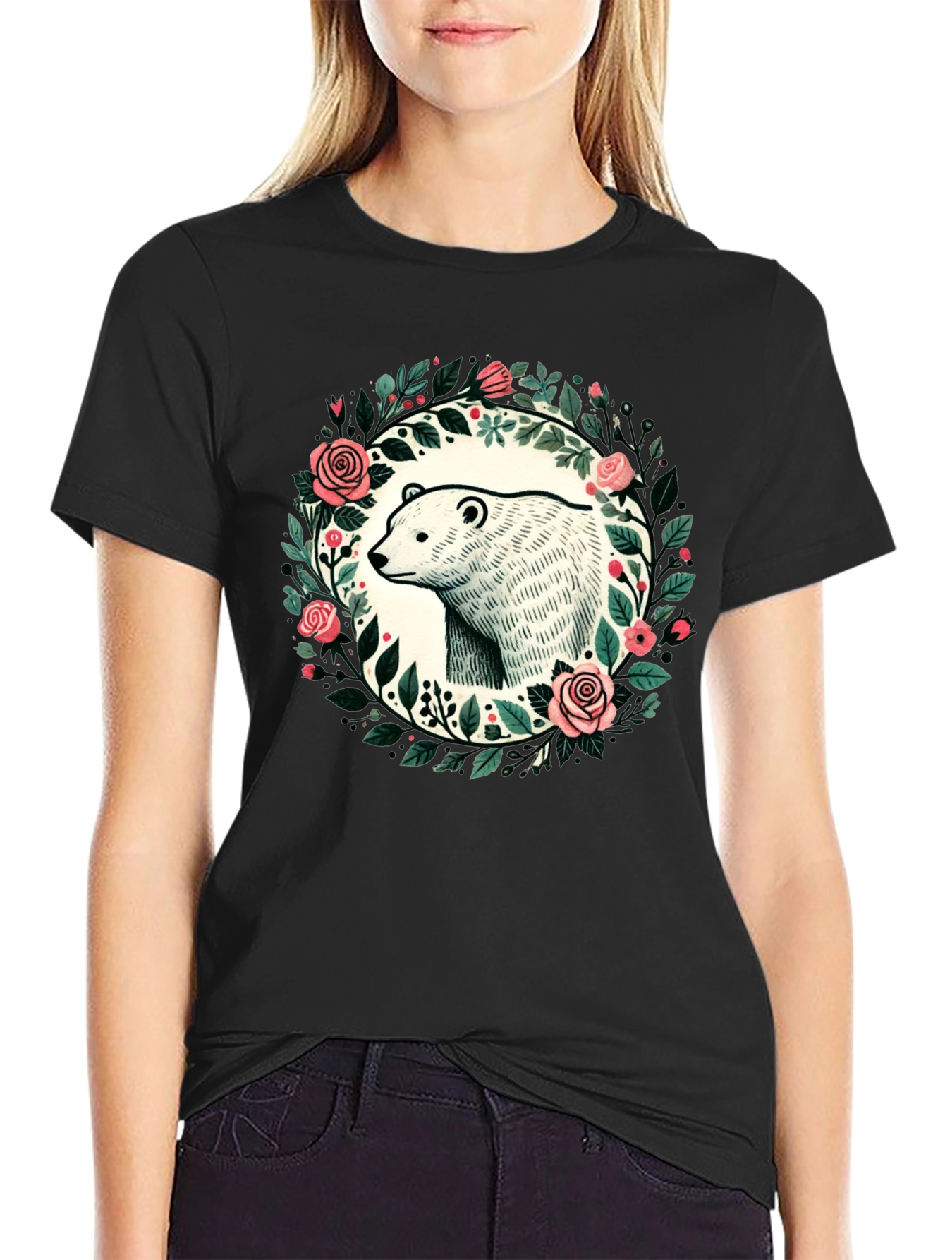 Camiseta Negra con Diseño de Oso y Flores