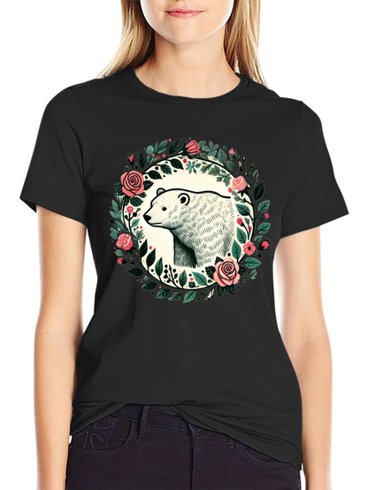 Camiseta Negra con Diseño de Oso y Flores