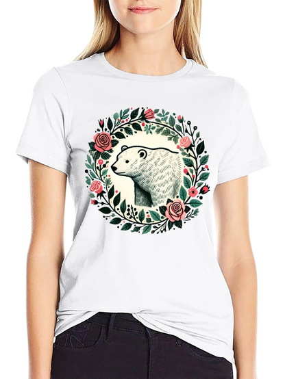 Camiseta Negra con Diseño de Oso y Flores