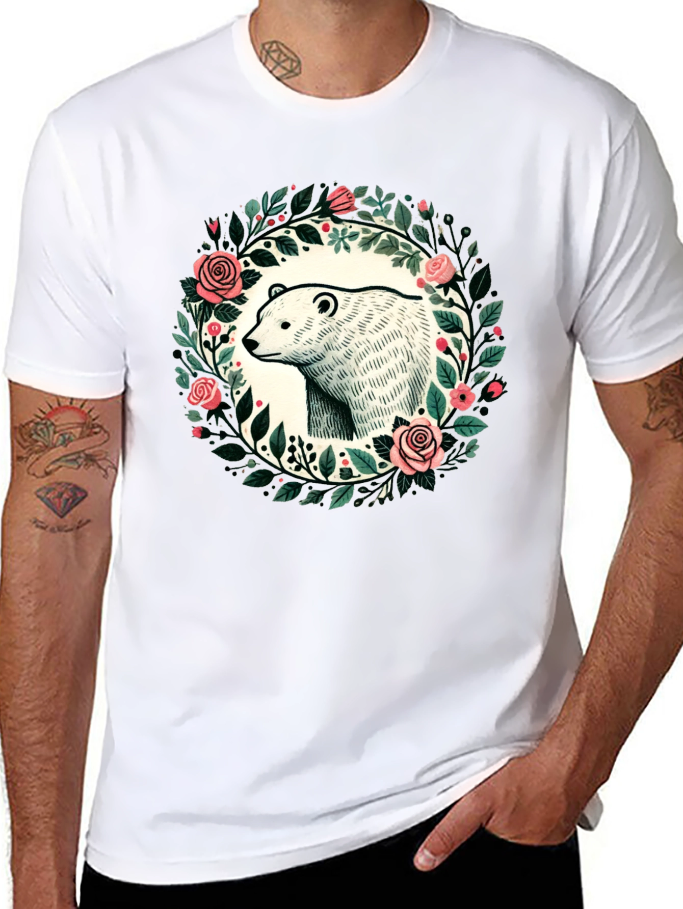 Camiseta Negra con Diseño de Oso y Flores