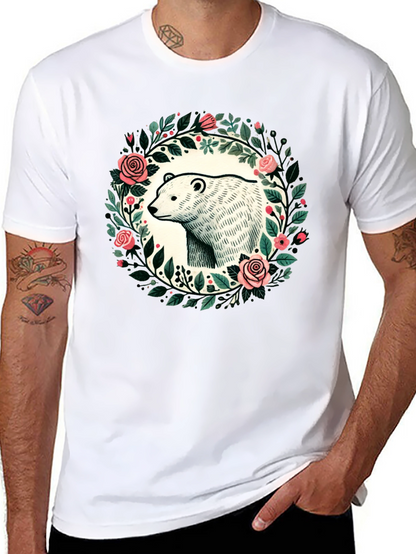 Camiseta Negra con Diseño de Oso y Flores