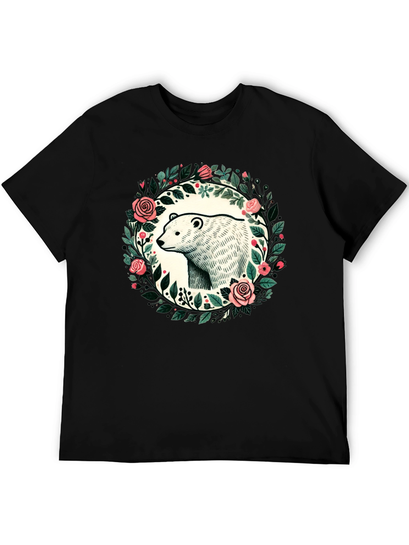 Camiseta Negra con Diseño de Oso y Flores