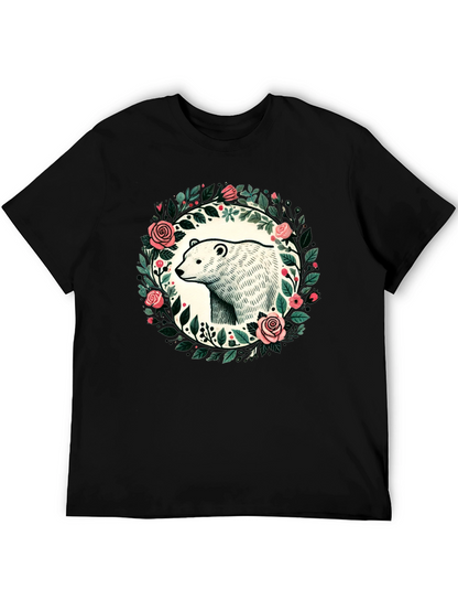 Camiseta Negra con Diseño de Oso y Flores