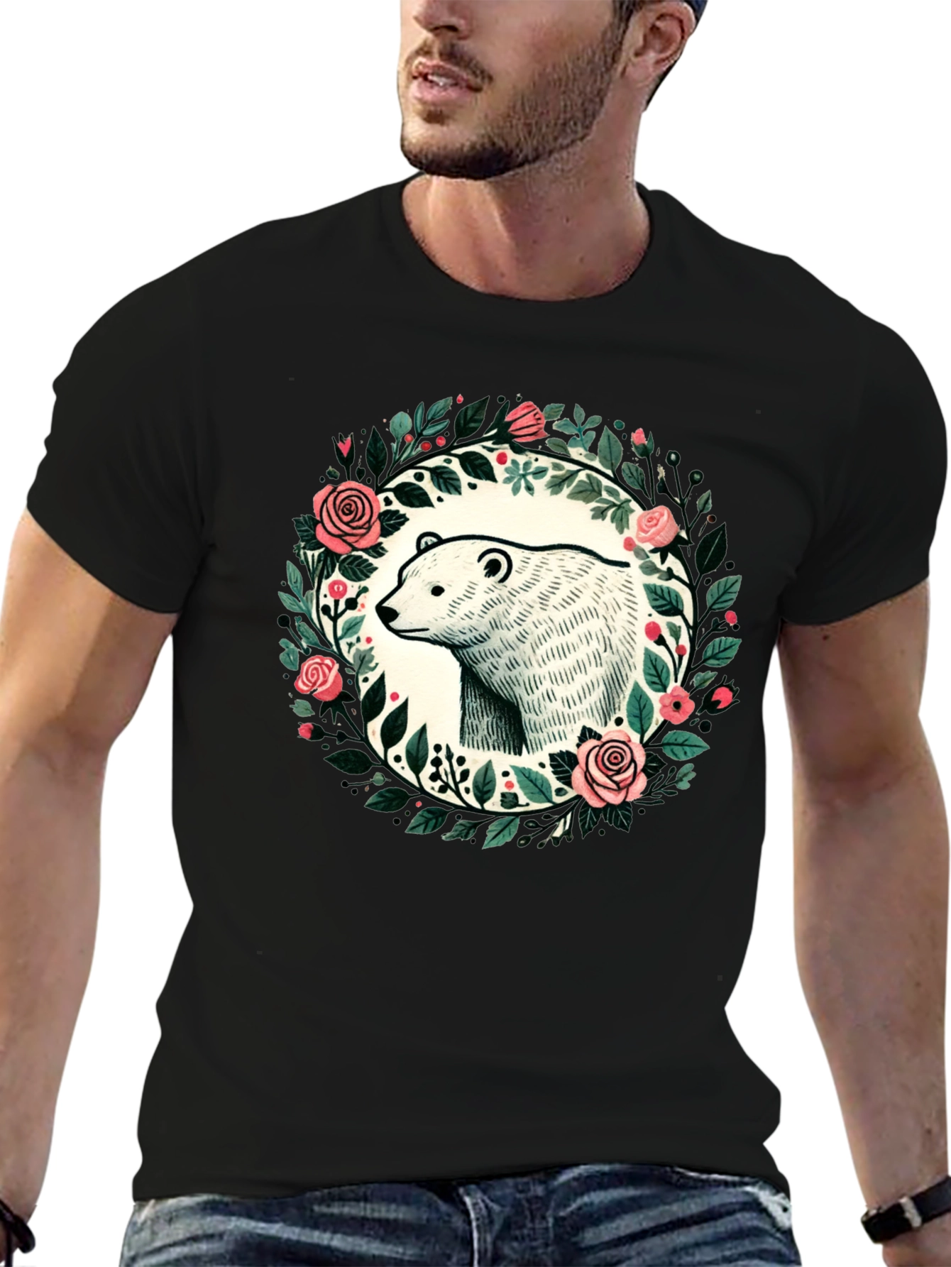 Camiseta Negra con Diseño de Oso y Flores