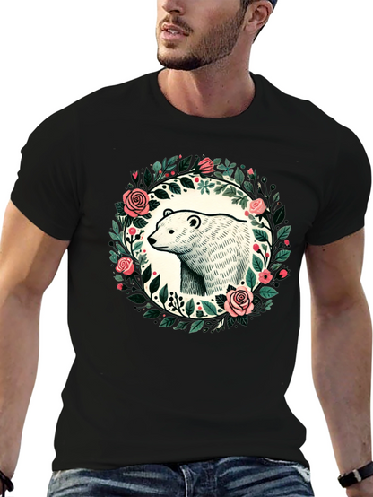 Camiseta Negra con Diseño de Oso y Flores