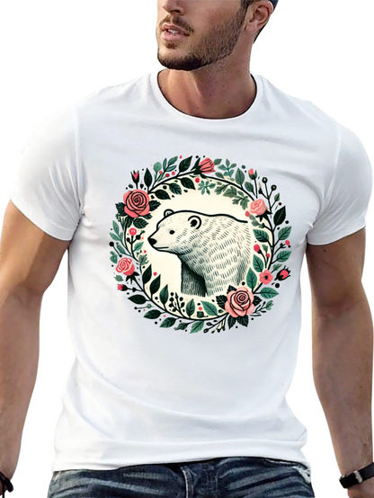 Camiseta Negra con Diseño de Oso y Flores