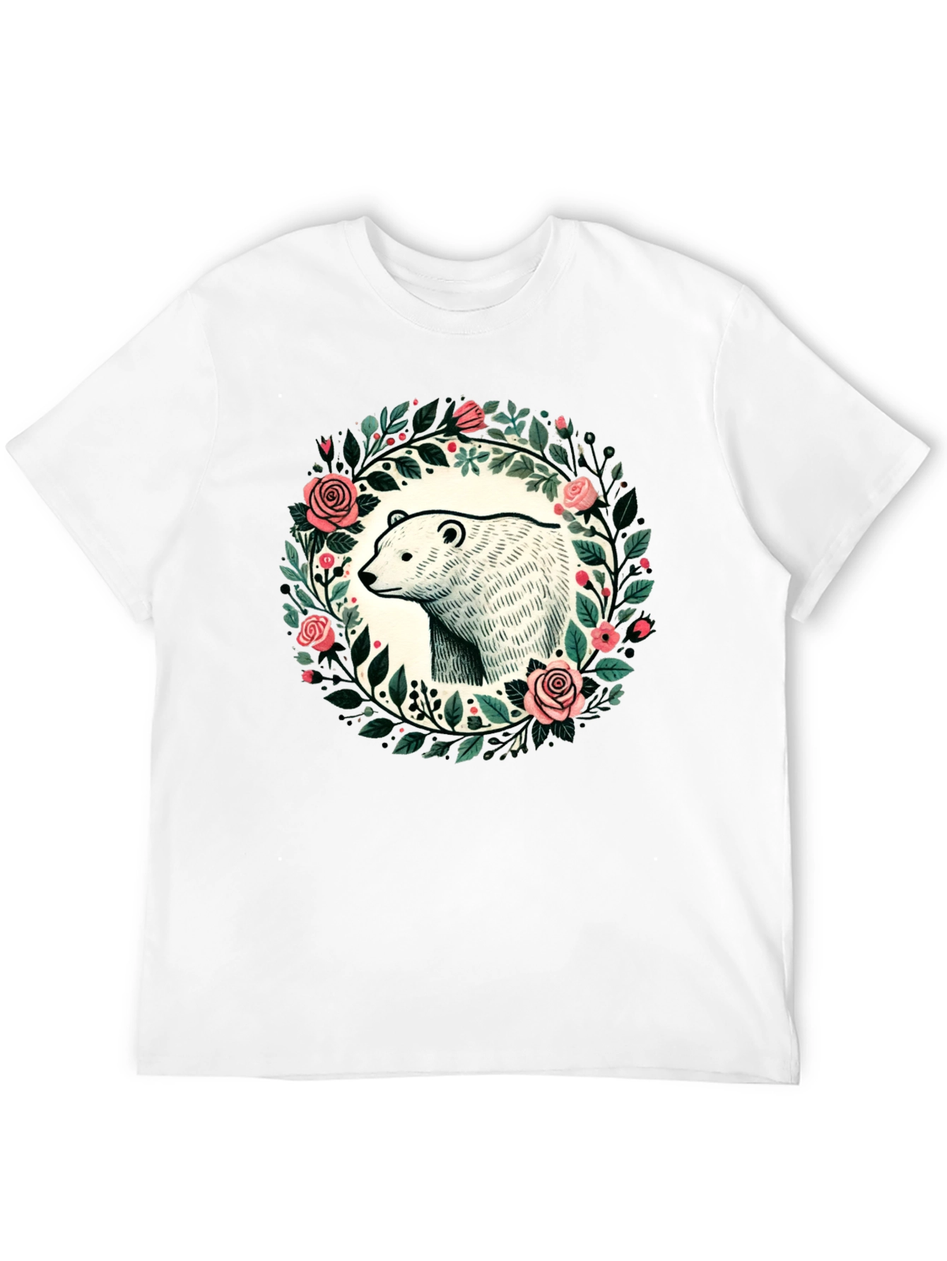 Camiseta Negra con Diseño de Oso y Flores