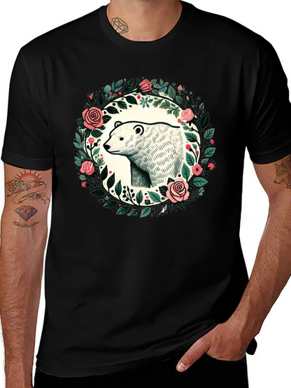 Camiseta Negra con Diseño de Oso y Flores
