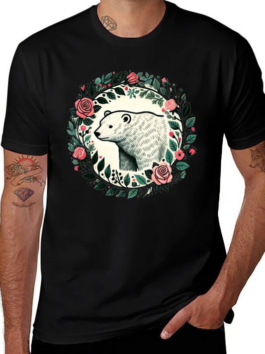 Camiseta Negra con Diseño de Oso y Flores