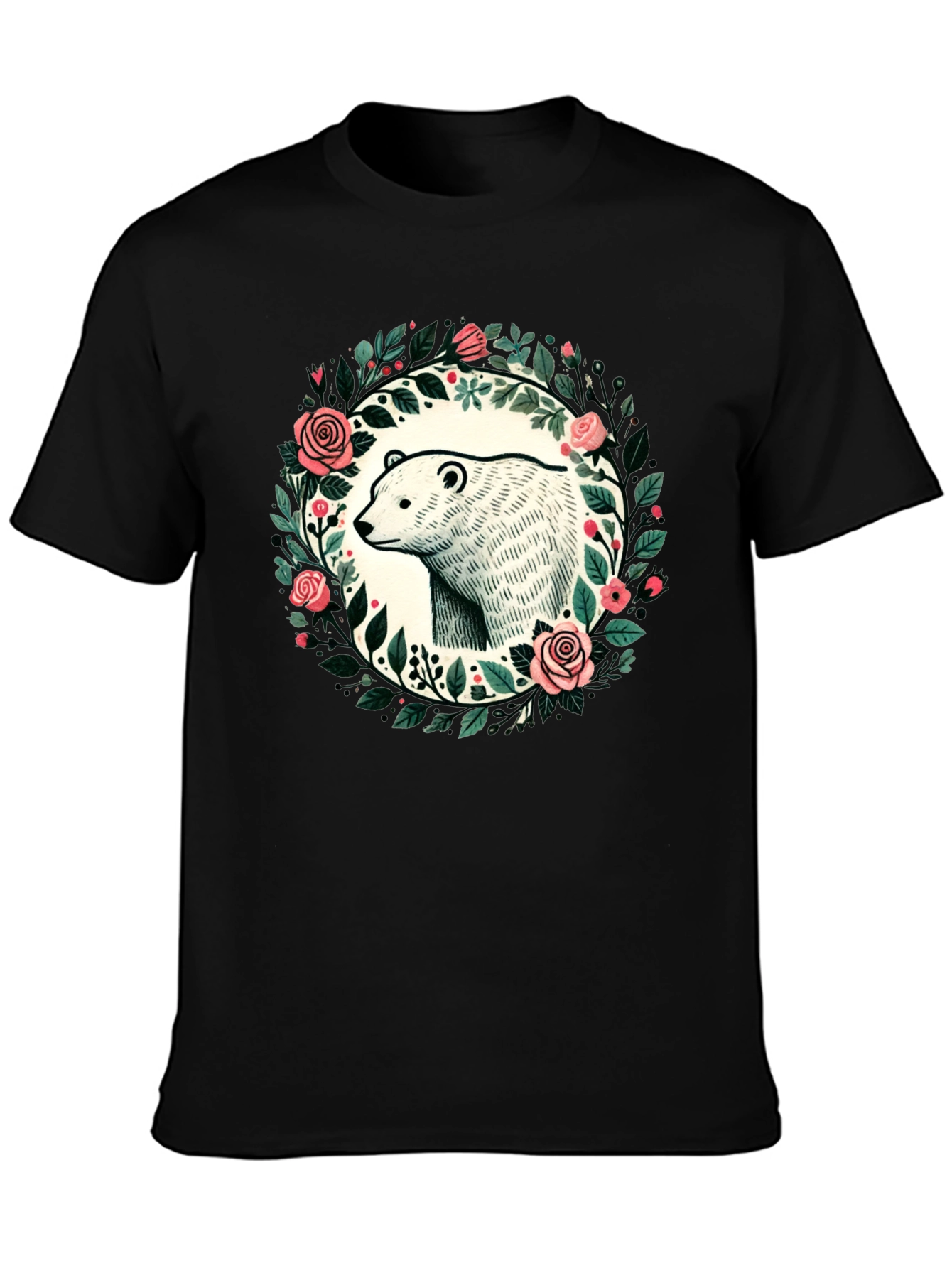 Camiseta Negra con Diseño de Oso y Flores