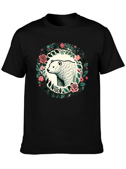 Camiseta Negra con Diseño de Oso y Flores