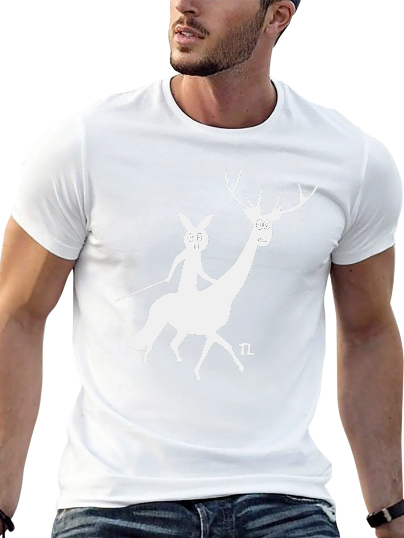 Camiseta Negra con Diseño Divertido de Ciervo y Conejo