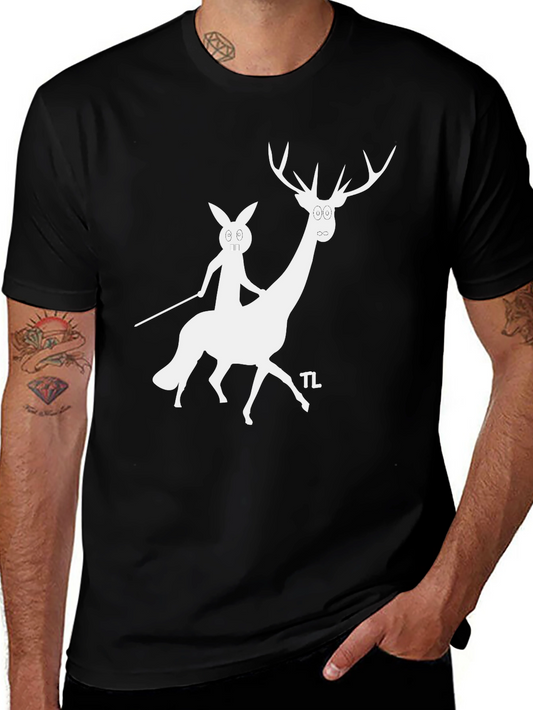 Camiseta Negra con Diseño Divertido de Ciervo y Conejo