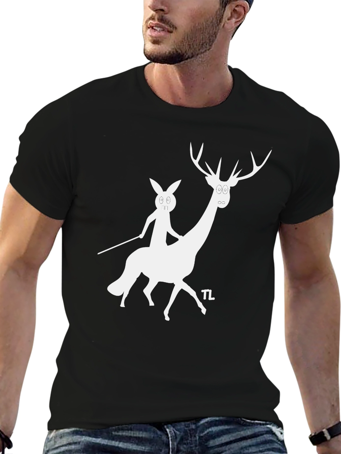 Camiseta Negra con Diseño Divertido de Ciervo y Conejo