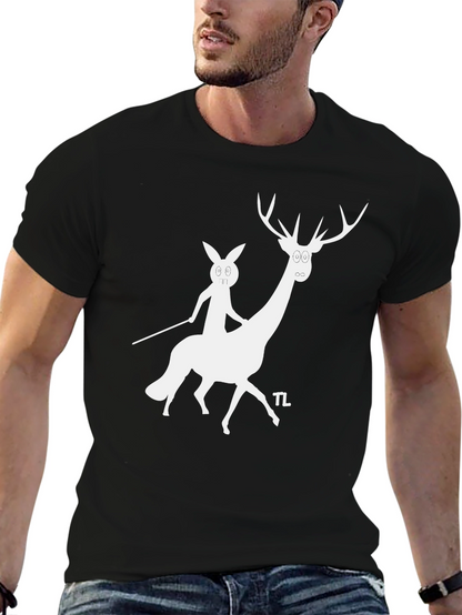 Camiseta Negra con Diseño Divertido de Ciervo y Conejo