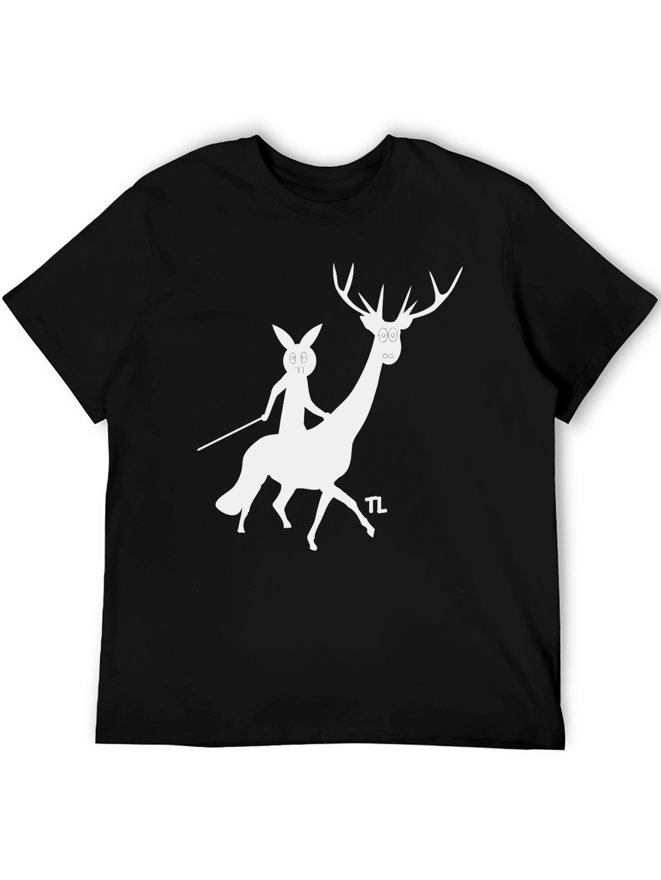 Camiseta Negra con Diseño Divertido de Ciervo y Conejo