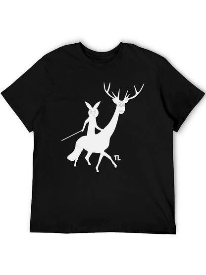 Camiseta Negra con Diseño Divertido de Ciervo y Conejo