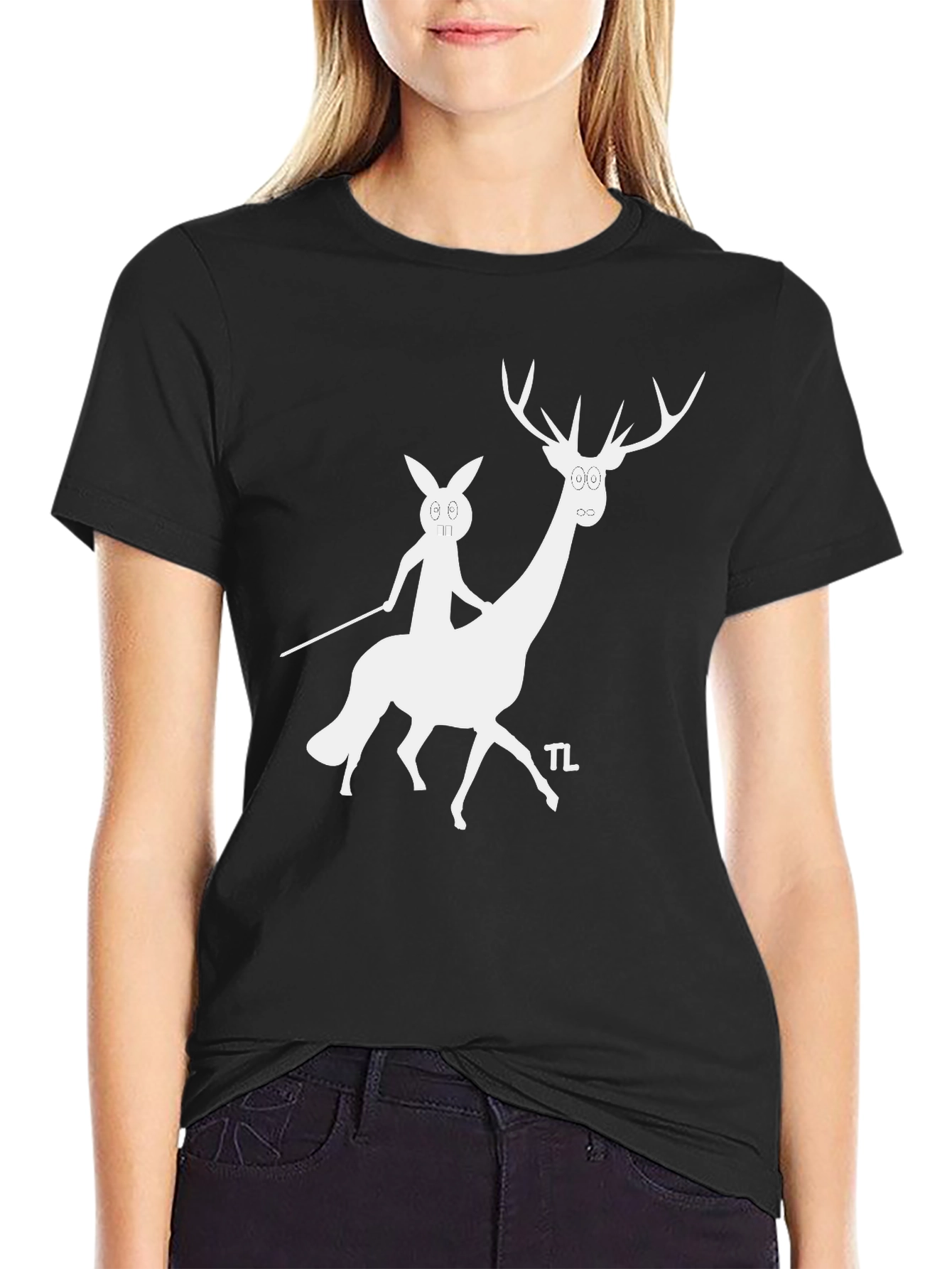 Camiseta Negra con Diseño Divertido de Ciervo y Conejo