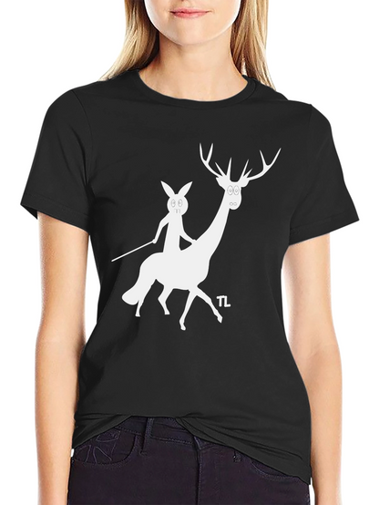 Camiseta Negra con Diseño Divertido de Ciervo y Conejo