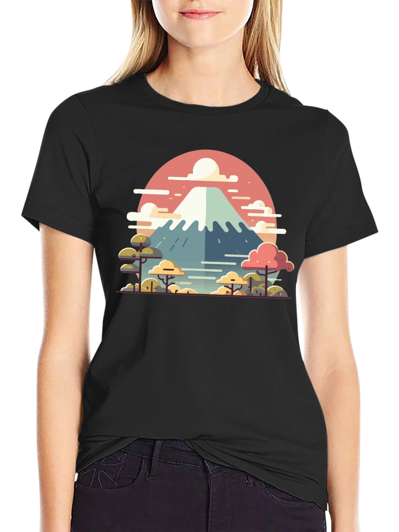 Camiseta Negra con Diseño del Monte Fuji Estilizado
