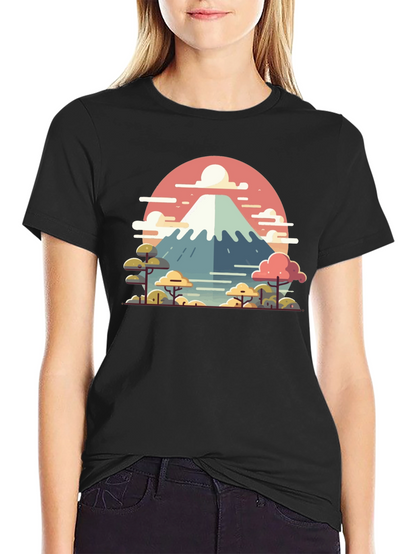 Camiseta Negra con Diseño del Monte Fuji Estilizado