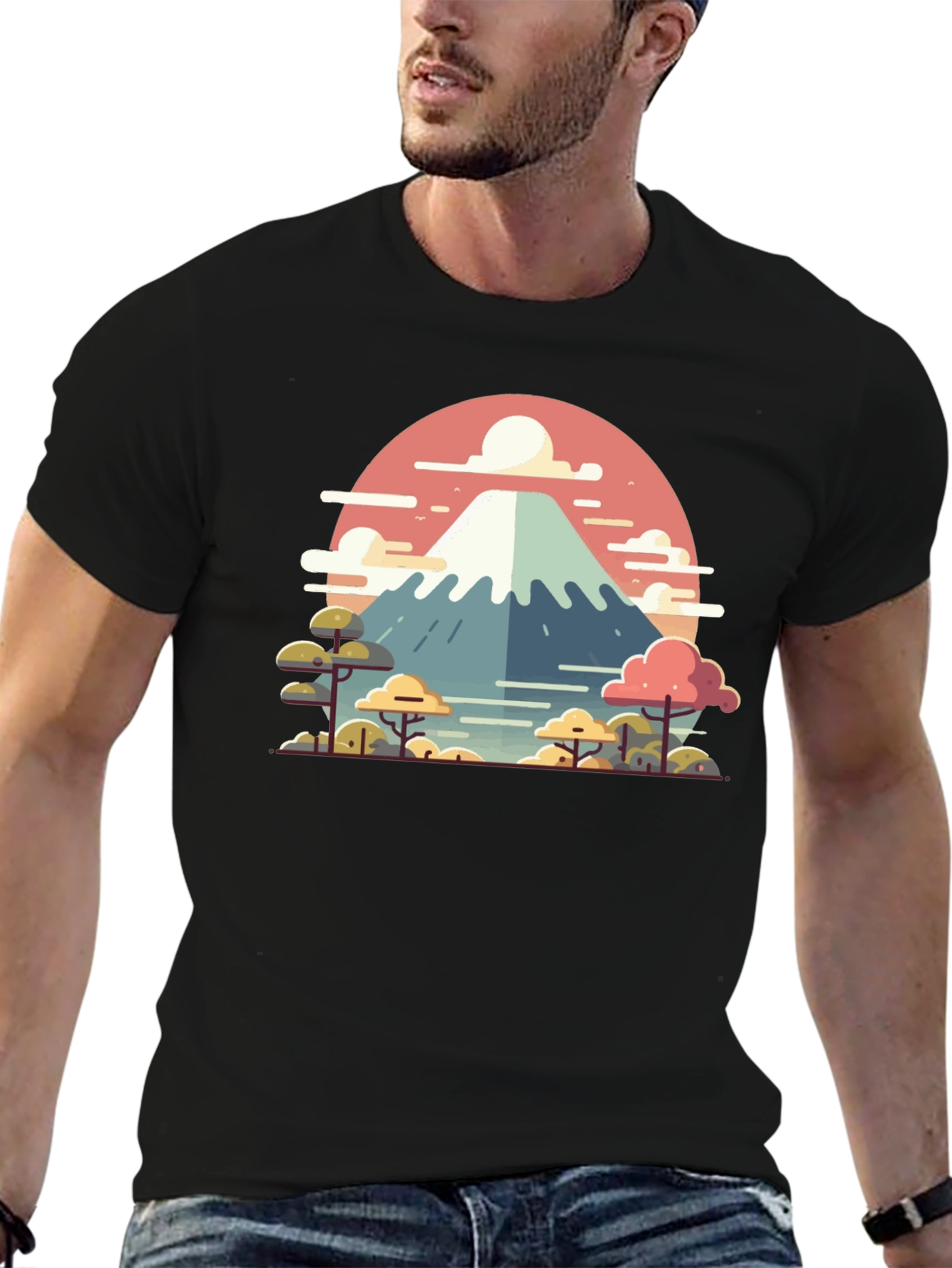 Camiseta Negra con Diseño del Monte Fuji Estilizado