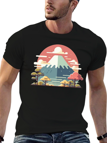 Camiseta Negra con Diseño del Monte Fuji Estilizado