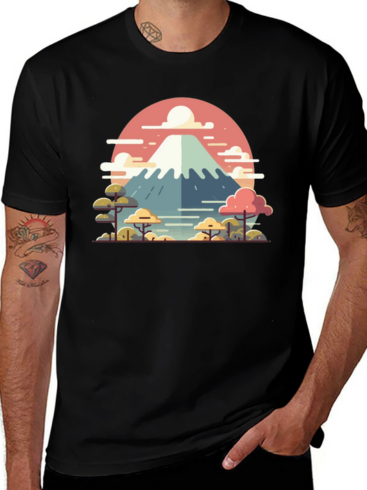 Camiseta Negra con Diseño del Monte Fuji Estilizado